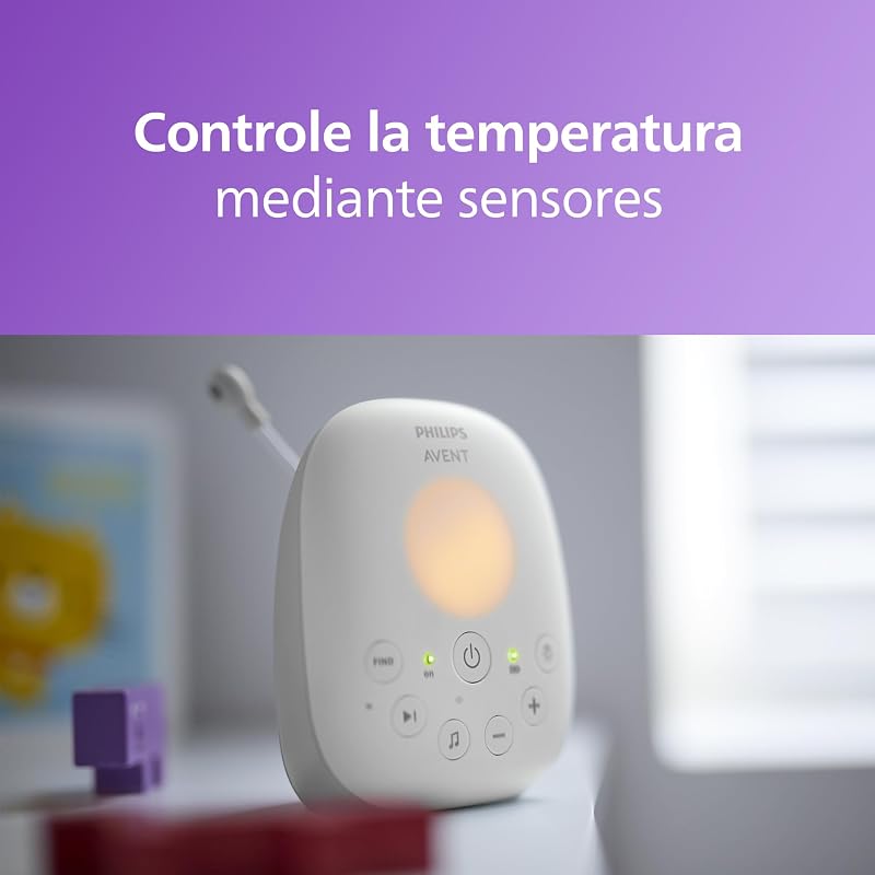Philips Avent vigilabebés con Audio DECT con luz Nocturna y Canciones de Cuna, intercomunicador bidireccional, 330 m de Alcance y 18 h de Uso, conexión Segura, Sensor de Temperatura, SCD713/26