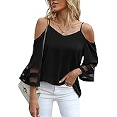 Jouica Womens Summer Cold Shoulder Tops Mesh Panel 3/4 Bell Sleeve Tees Adjustable Spaghetti Strap Loose Fit Shirts