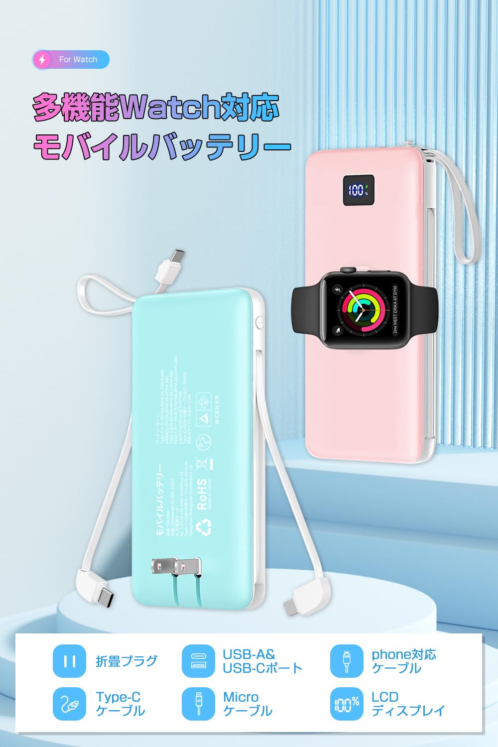 OMKUY Mobile Battery with Outlet, Supports iwatch, Charger, 10,000 mAh, Large Capacity (Folding AC Plug, Pass-Through, Simultaneous Charging for Watch & iPhone, PD 20W & SCP22.5 Rapid Charging,