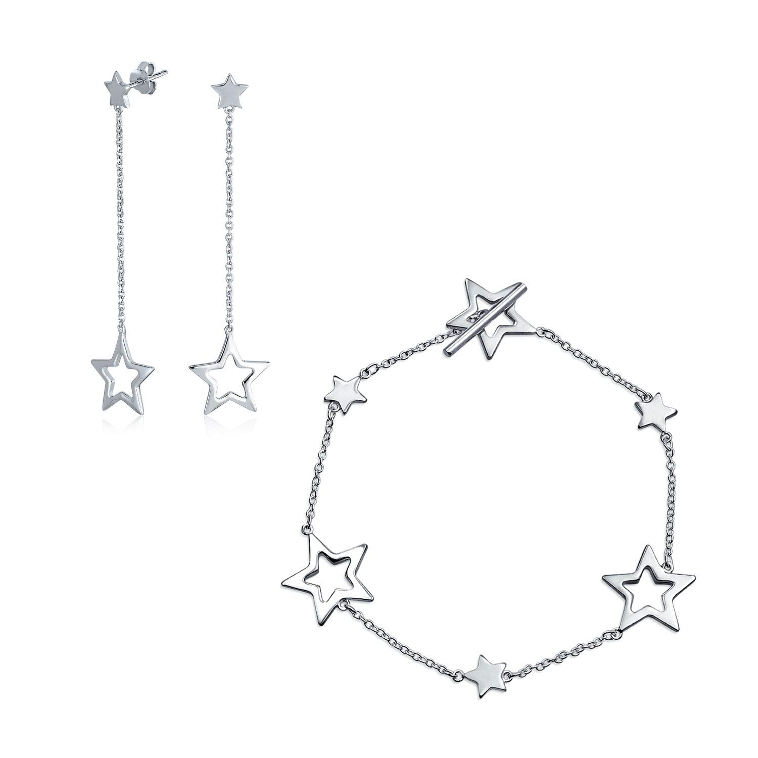 Celestial USA Patriotic Open Stars Rock Star Bracelet & Earrings Jewelry Set For Women Teen .925 Sterling Silver Toggle Clasp
