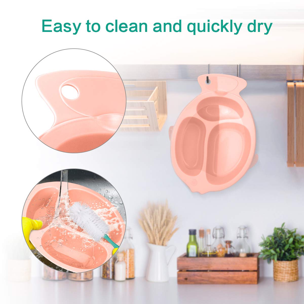 Kids Plates with Dividers,Divided Toddler Plates with Lip,Kids Dishes Including Fork and Spoon(Pink)