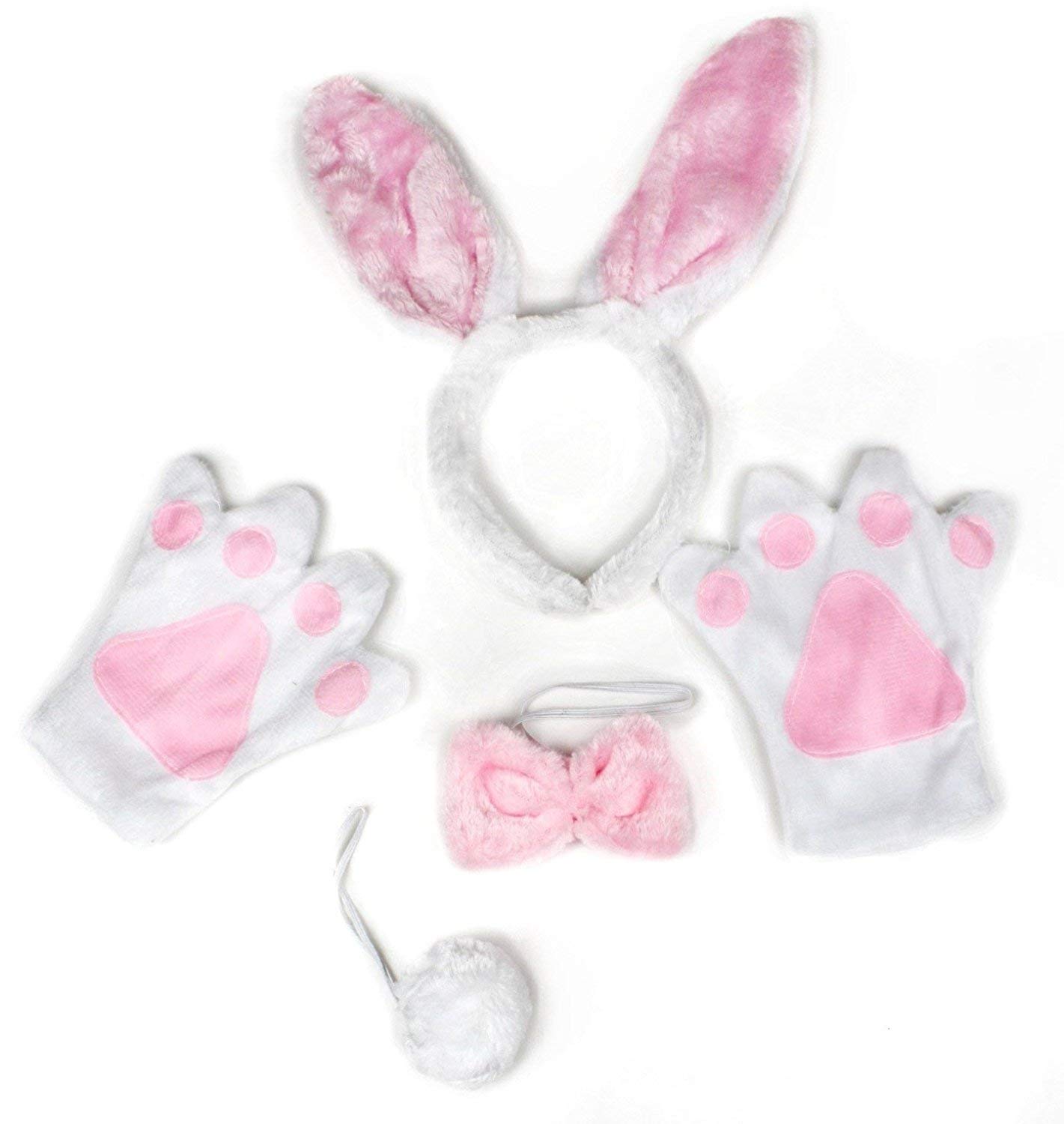 Petitebelle Bunny Ear Headband Bowtie Tail Gloves 4pc Children Costume 1-10y (White Pink, 1-5 Years)