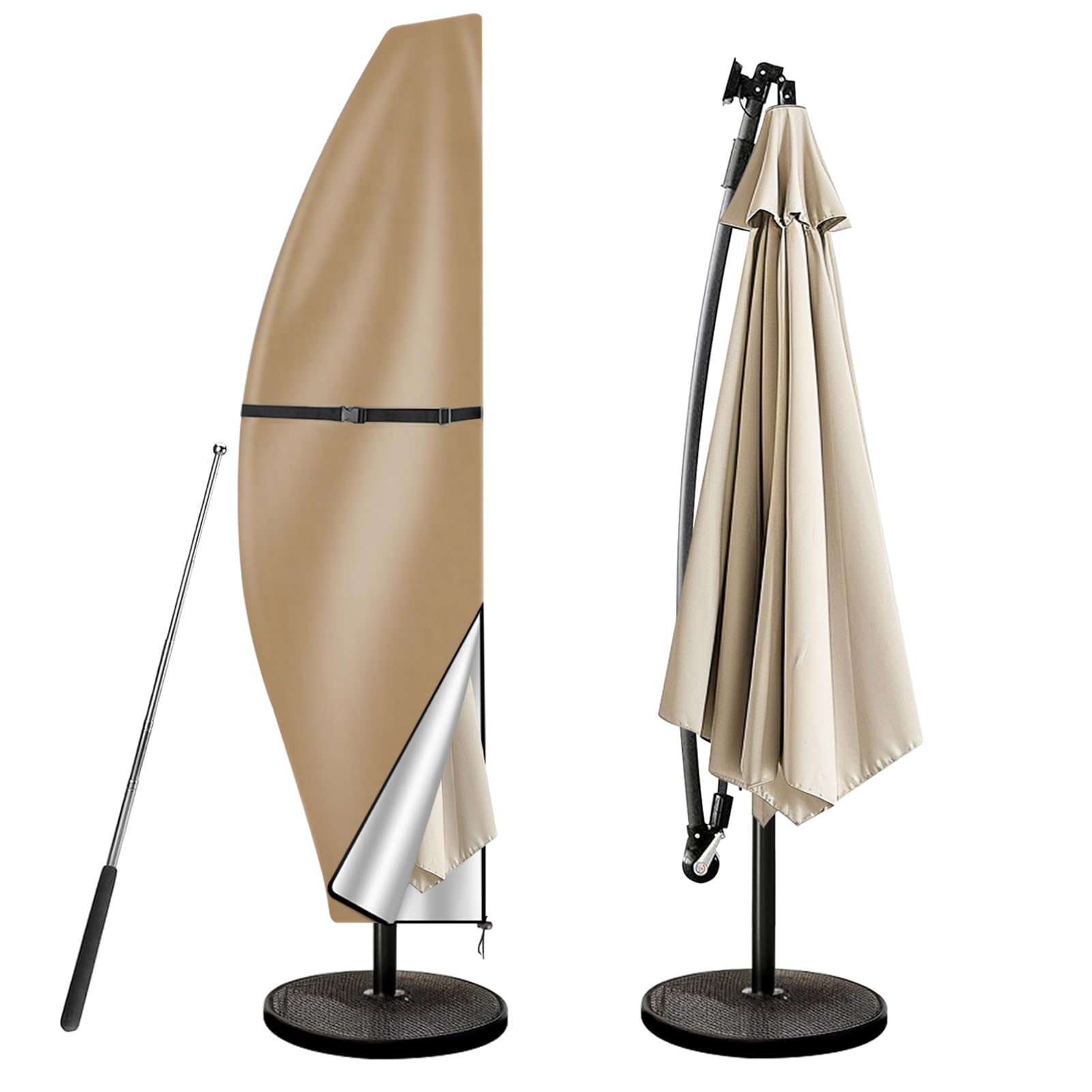 wiipara Parasol Cover with Rod, Parasol Protective Cover fit for Waterproof UV-Block Windproof Large Umbrella Cover with Zip and Storage Bag for Garden Outdoor (Khaki, 280x30x81/46(bottom) cm)