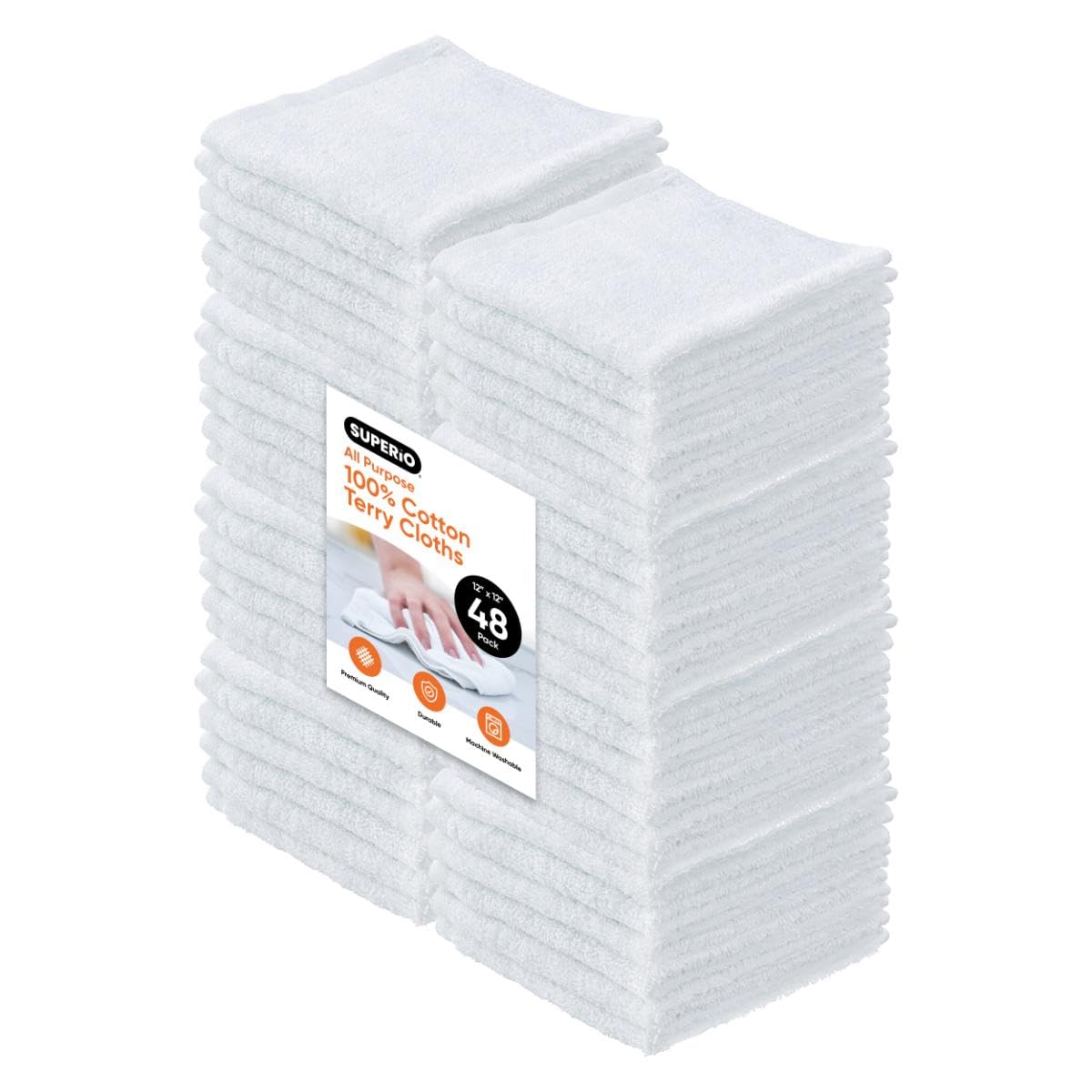 Superio Terry Cloth Rags White Washcloths 100% Cotton 12″ Cleaning Cloths, Kitchen Towels, Facial Washcloth, Spa Cloths, Hand Towel, Small Lint Free Rags for Multi-Purposes, 48 Pack