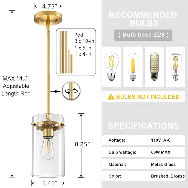 DORAIMI LIGHTING 3 PACK MODERN KITCHEN ISLAND ROD PENDANT LIGHT 5.5″ CLEAR GLASS SHADE PENDANT LAMP,GOLD FINISH FARMHOUSE HANGING LIGHT FIXTURE KITCHEN ISLAND DINING ROOM BEDSIDE