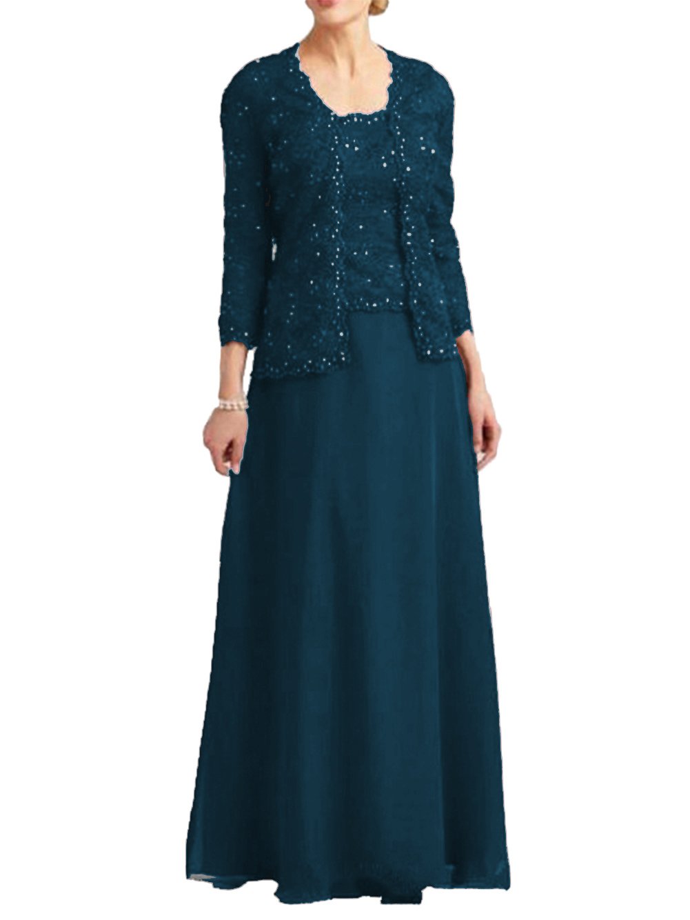 Lace Mother of The Bride Dresses with Jacket Beaded Long Chiffon