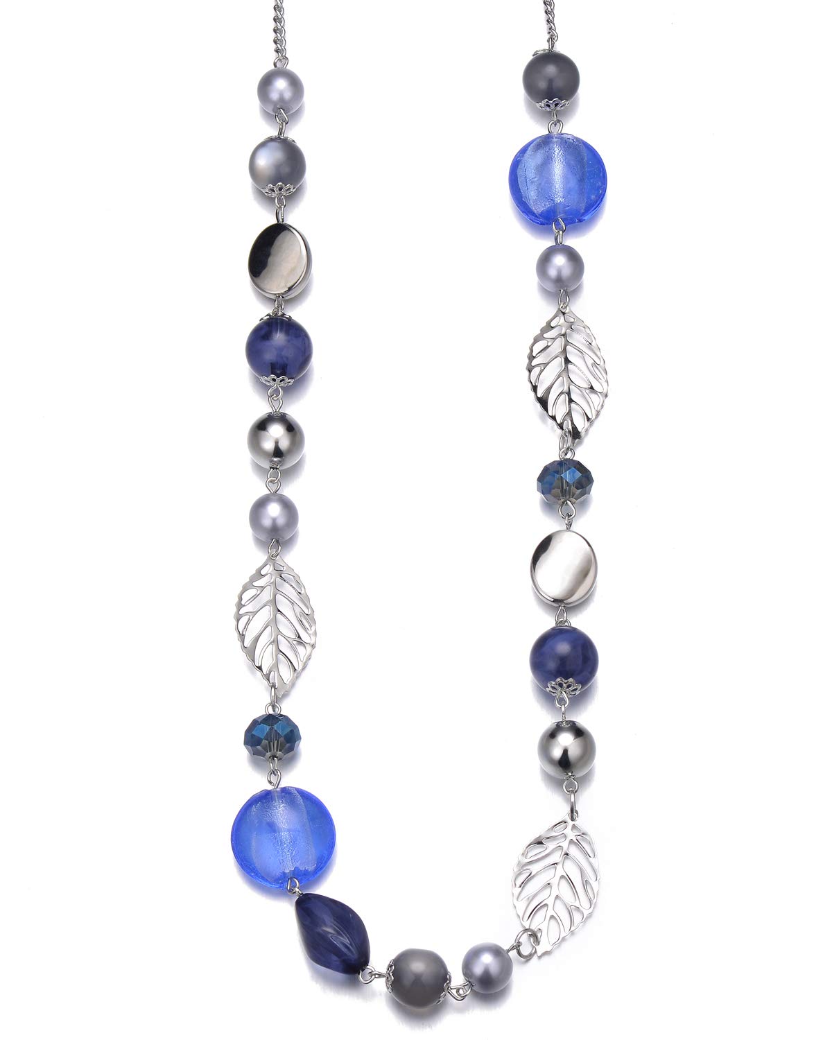 BULINLIN Long Beaded Silver Necklace for Her Crystal Bead Sweater Chain Fashion Jewelry Necklace Birthday Gifts for Women Mum(24-Blue)