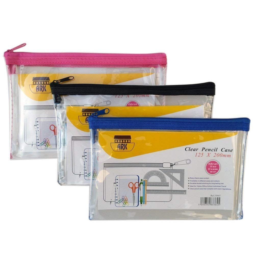 ARK Pencil Case PVC Coloured Zip 200x125mm Clear Assorted Blue/Pink/Black (Pack of 12)