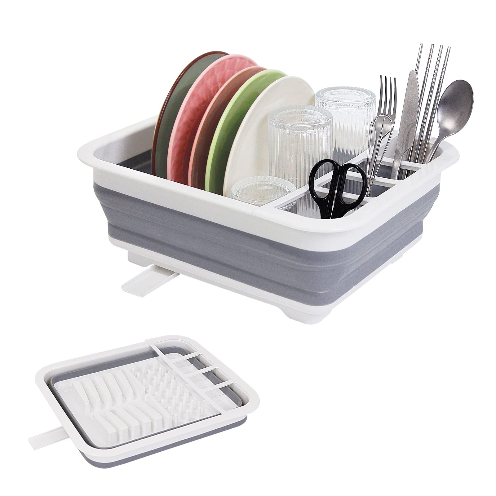 Goderewild Collapsible Dish Rack for Drying Dish，Space-Saving Foldable Dish Drainer - Dinnerware Storage Organizer for Kitchen Counter (Grey-drain plug-B)