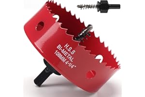IHOMEPARK 4-1/4 Inch Hole Saw for Wood, 108mm HSS BI-Metal Hole Saw for Recessed Lighting, 35mm Cutting Depth Hole Cutter with Hex Shank Drill Bit Adapter for Cornhole Boards Plastic Drywall Fiberboard, Red