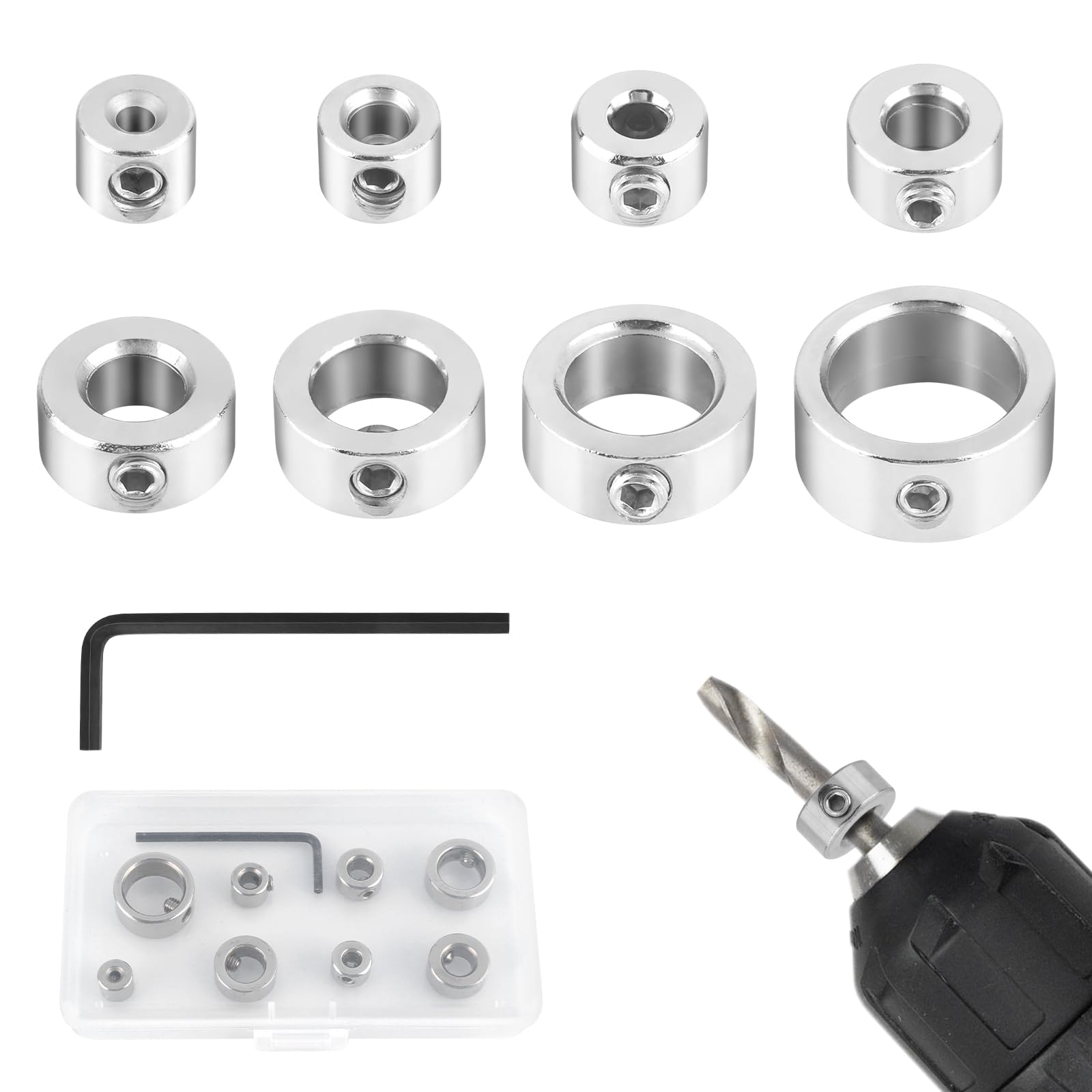 8 Piece Depth Stop Rings Set, Depth Stop for Drills with Hex Wrench, 3/4/5/6/8/10/12/16 mm Depth Stop for Drills, Drilling Depth Limiter for Drill Woodworking