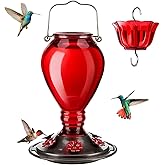 Kingsyard Glass Hummingbird Feeder - 6 Bee Guard Feeding Ports & Ant Moat, 24 oz Leak Proof, Wild Bird Feeder for Outdoors Hanging, Easy to Clean & Refill, Garden Yard Décor, Red