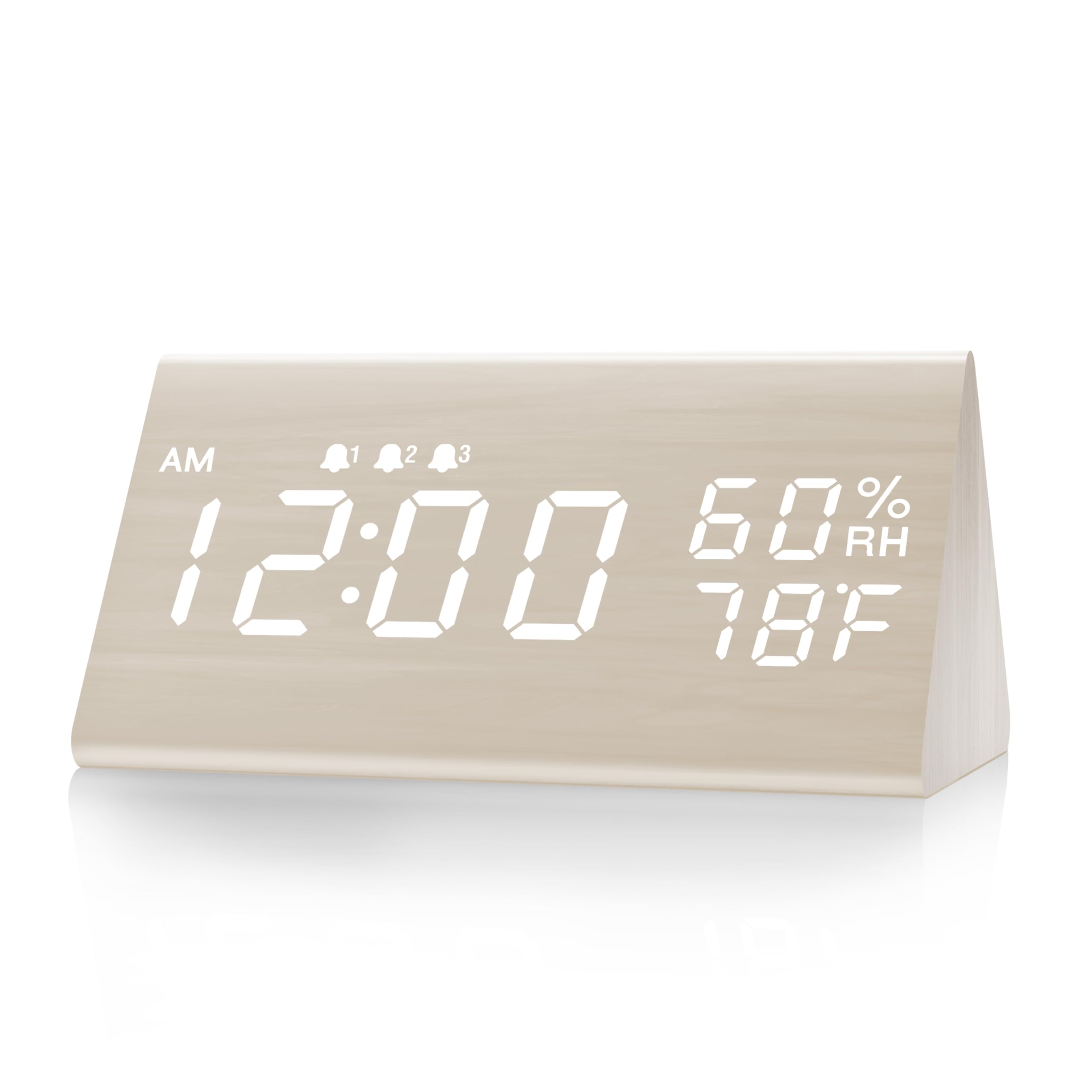 Photo 1 of Digital Alarm Clock, with Wooden Electronic LED Time Display, 3 Alarm Settings, Humidity & Temperature Detect, Wood Made Electric Clocks for Bedroom, Bedside, Desk, White
