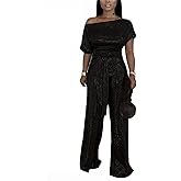 LKOUS Women's Off Shoulder Sequin Jumpsuit Sparkly Short Sleeve High Waisted Wide Leg Romper Beach Vacation Outfits