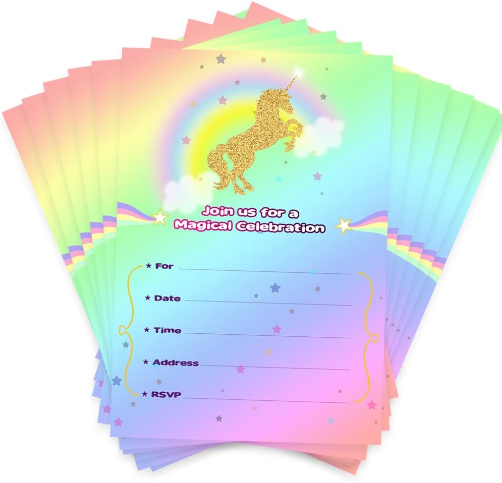 Aytai 20pcs Rainbow Unicorn Birthday Invitations with Envelopes + Thank You Tags, Party Invitation Cards for Kids Birthday Baby Shower Unicorn Party Supplies (Cloud)