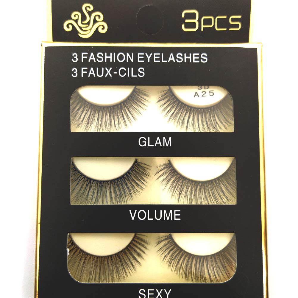 Sunniess Hair Imported Fiber 3D Mink False Eye lashes Handmade Reusable Long Cross Makeup Natural 3D Fake Thick Black EyeLashes 3 Pairs(3D-25)