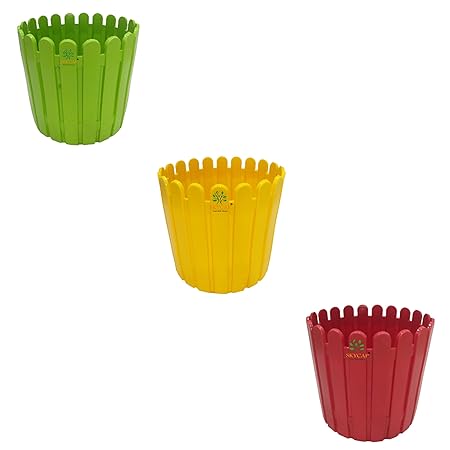 SKYCAP VIP Fence Plastic Flower Pot for Home Decor Indoor/Outdoor,Plant Container,gamla (12inch,Green-Yellow-Red,Pack of 3)