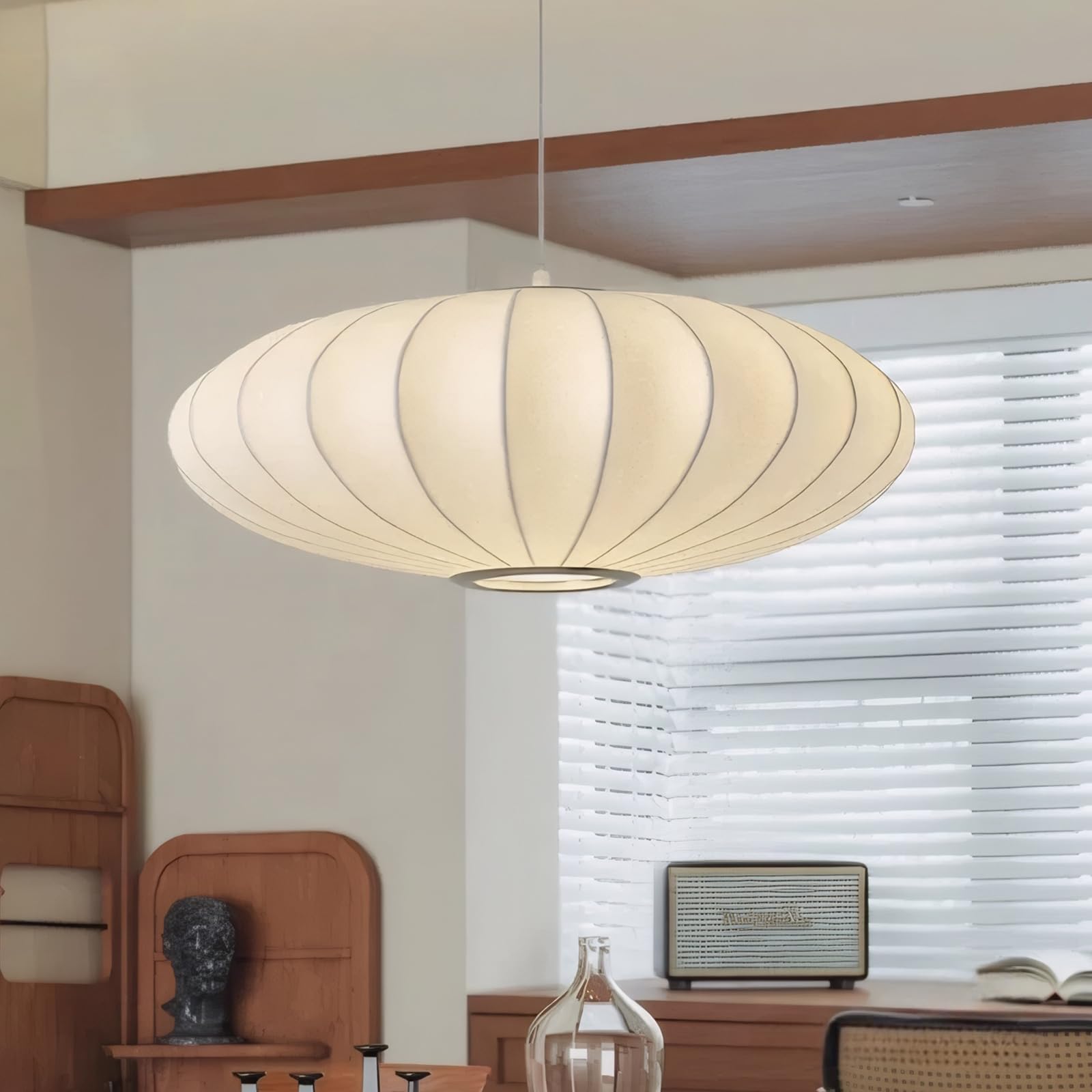 Photo 1 of APLampara Lantern Pendant Lights Japanese 11.8" Imitation Silk Pendant Light White Lantern Chandelier Small Wabi Sabi Pendant Light Fixtures for Dining Room Kitchen Island Bedroom Girls Room