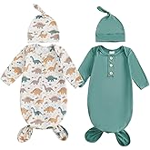 woshilaocai 2 Pack Baby Boy Girl Gown Sleeper Newborn Knotted Nightgown and Hat Set Infant Sleepwear