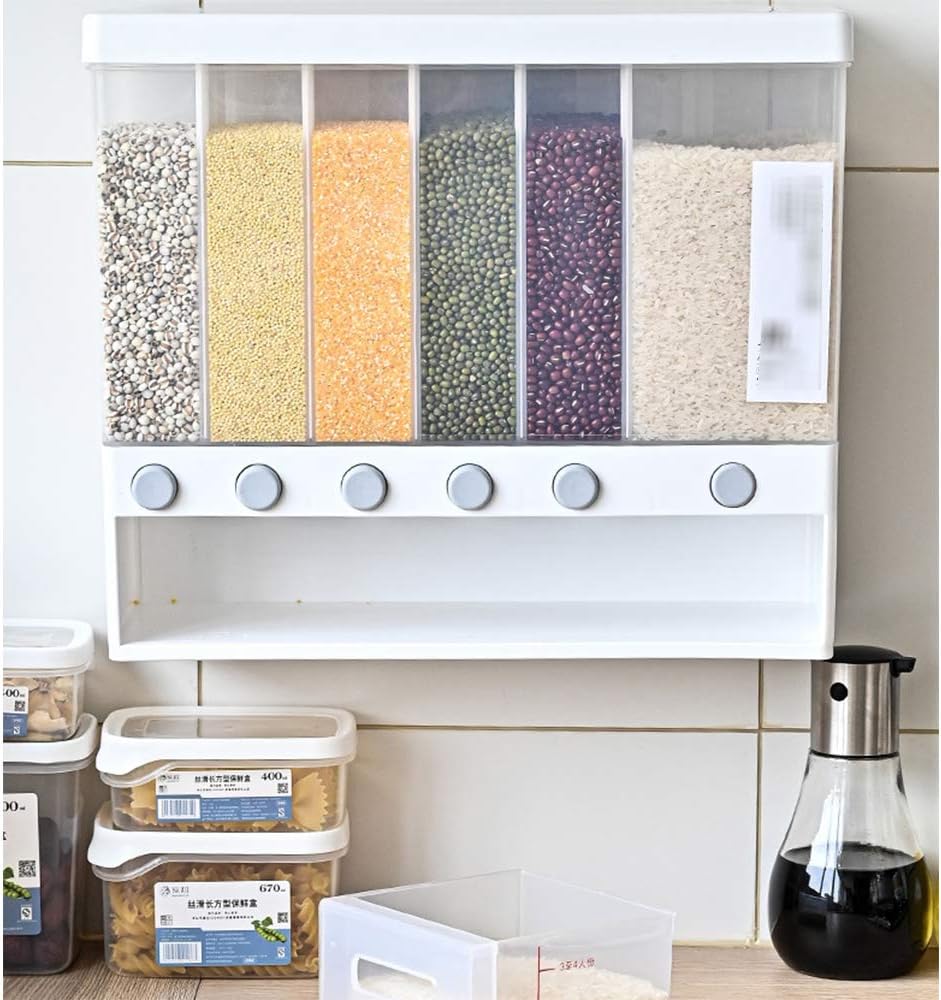 Wall Mounted Dry Food Dispenser - 6-Grid 12L Large Capacity Storage Dry Food Dispenser, Free Control of Food Output, Dry Food Fruit Storage Box For Home and Kitchen (10L): Kitchen & Dining