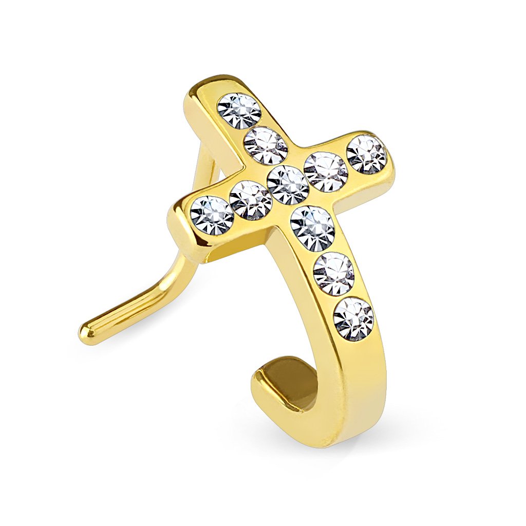 PiercedOff Gold Tone IP over 316L Surgical Steel L Bend Nose Stud with Pave Crystal Cross with Clear CZ Gems - Thickness 20GA (0.8mm) / Length 6mm / Cross Size 10mm