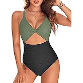 Tempt Me Women One Piece Swimsuits Tummy Control Cutout Bathing Suits Ruched V Neck Twist Front Swimwear