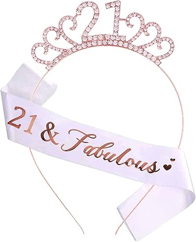MIOSJI 21st Birthday Sash Tiara Crown Rose Gold Rhinestone Crystal Party Gift