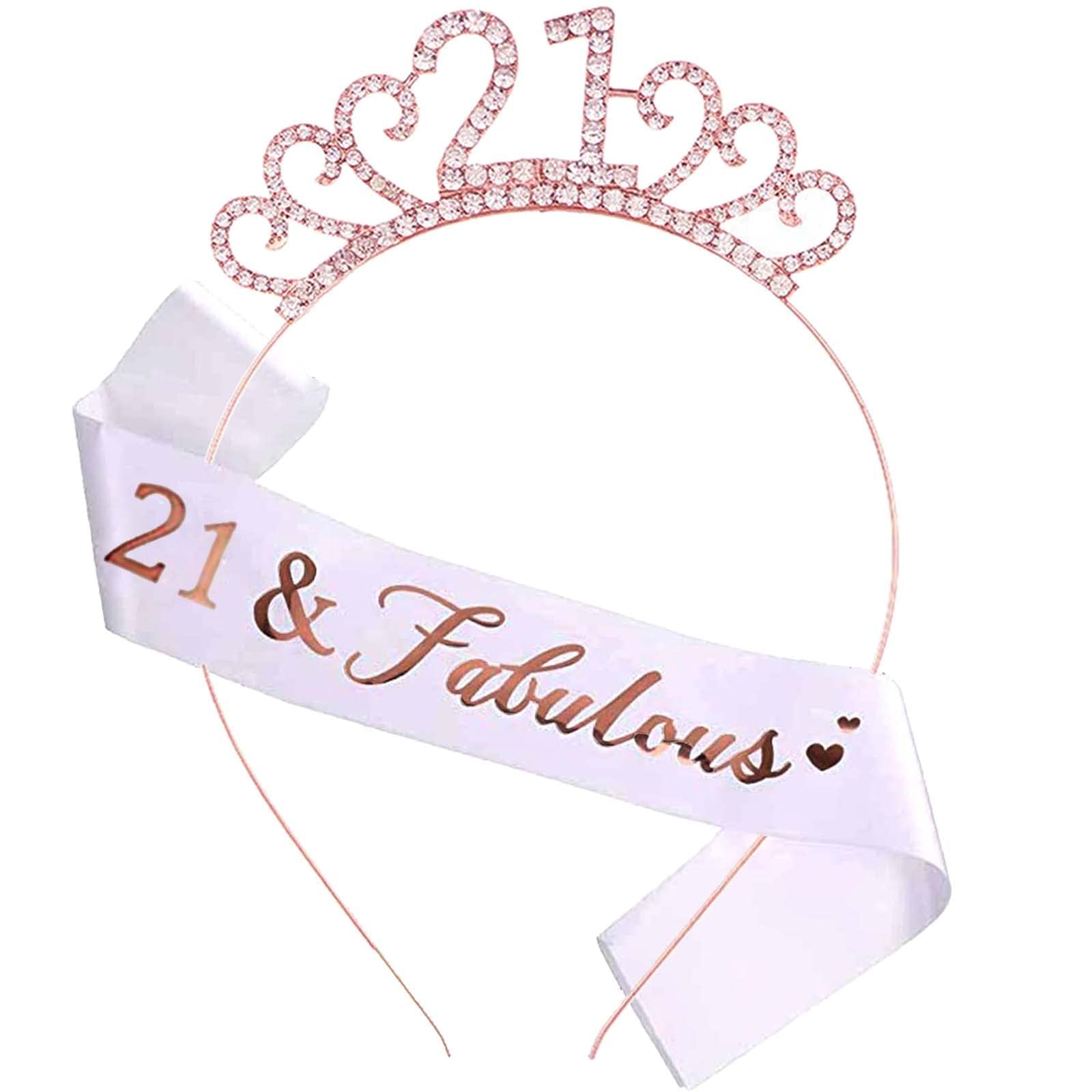 MIOSJI 21st Birthday Sash and Crystal Tiara Crown, 21st Birthday Gifts for Her Girls Birthday Decorations Party Accessories (Rose Gold)