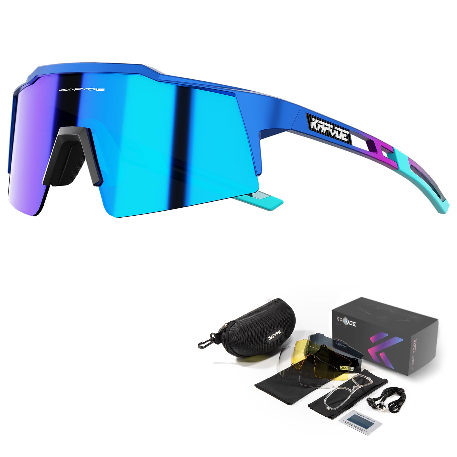 KAPVOE Cycling Glasses Polarized Mountain Bike Sunglasses Women Men MTB Bicycle Riding Motorcycle with 4 Interchangeable Lense 06 Blue