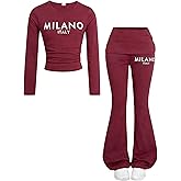 OLMRJKD Girls 2 Piece Outfits Long Sleeve Letter Printed Sweatshirt & Flared Pants Fall Clothing Set Size 7-14 Years