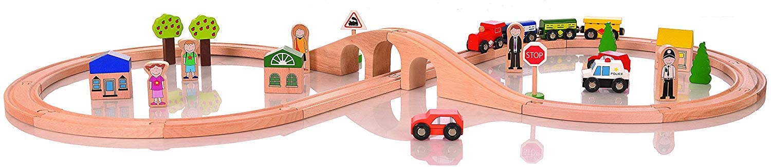Traditional Wooden First Train Set - Figure of Eight - 40 Pieces - Compatible with Brio and BigJigs Train Sets