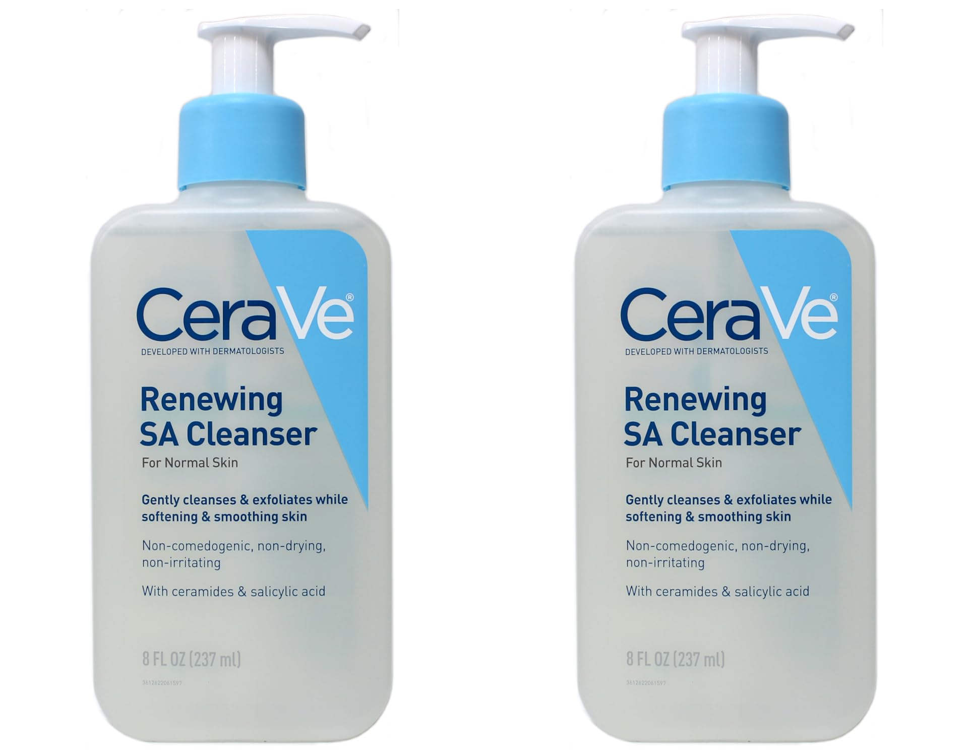 CeraVe SA Smoothing Cleansing for Face and Body, for Dry, Rough and Uneven Skin, with Hyaluron, Salicylic Acid and 3 Essential Ceramides, 2 x 236 ml