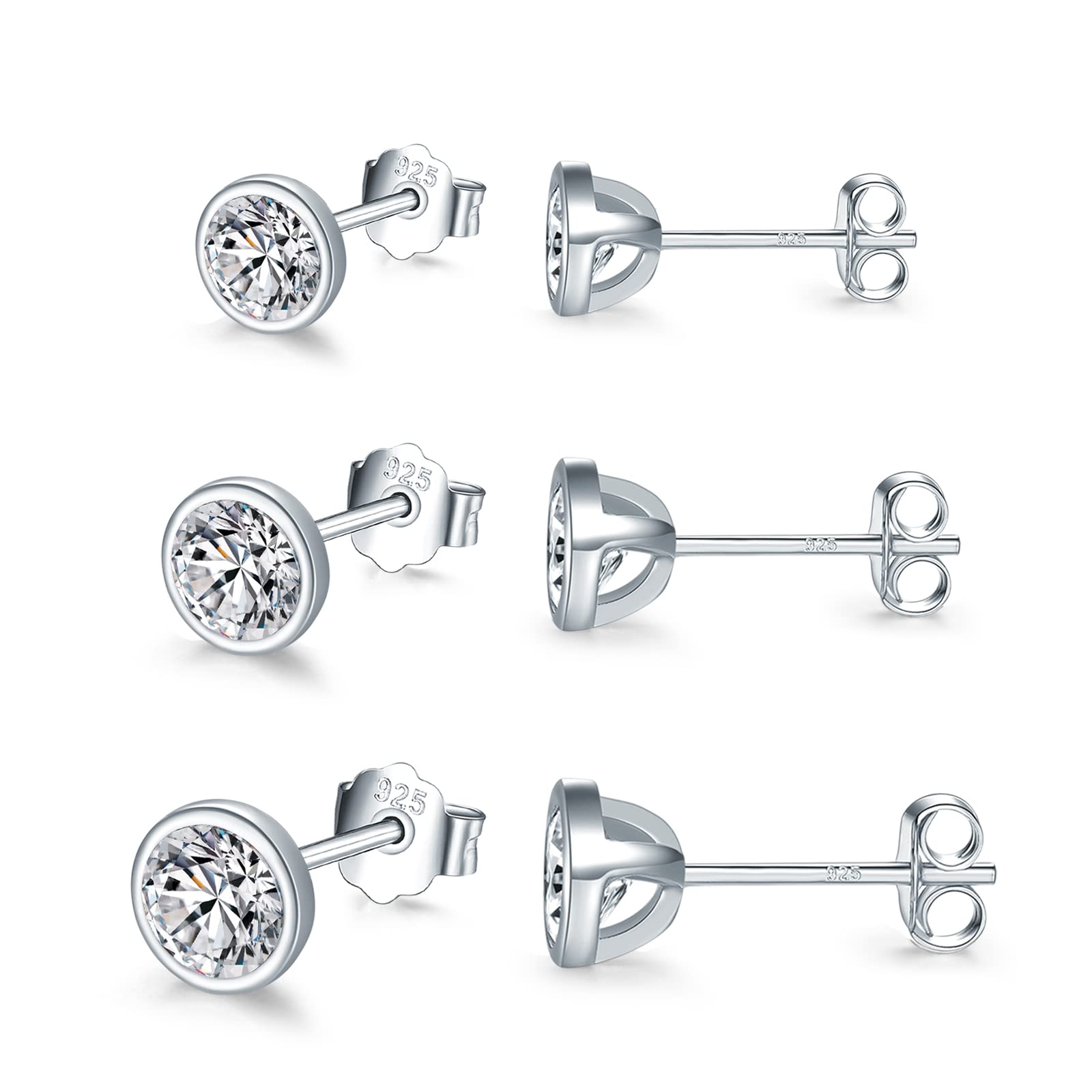 Wynn's Silver Stud Earrings - 3 Pairs 925 Sterling Silver with Round Cubic Zirconia - Tiny Small Sleeper Cartilage Studs for Men, Women & Kids (3,4,5mm)