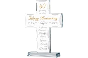GIRVEM 60th Wedding Anniversary Religious Gifts for Parents, Laser Engraved Glass Standing Cross for Couple Wife Husband Dad Mom, 60 Years Aniversary Decorations for Home Party