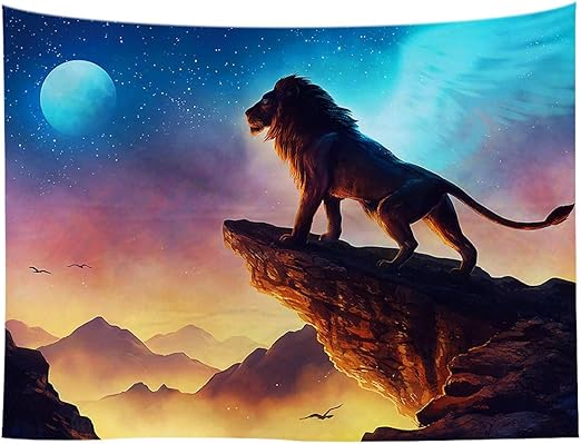 Amazon Com Wchuang Space Lion Tapestry Lion Standing In The Cliff Starry Sky Night Moon Scenery Wall Hanging For Bedroom Living Room Dorm Wall Art Bohemian Bedspread 60 X 80 Home Kitchen