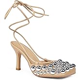 Saint Leia Women's 4IN High Heel Sandals Nude Stiletto Pumps with Gold Silver Pearls Heels for Weddings Parties and Evening Wear