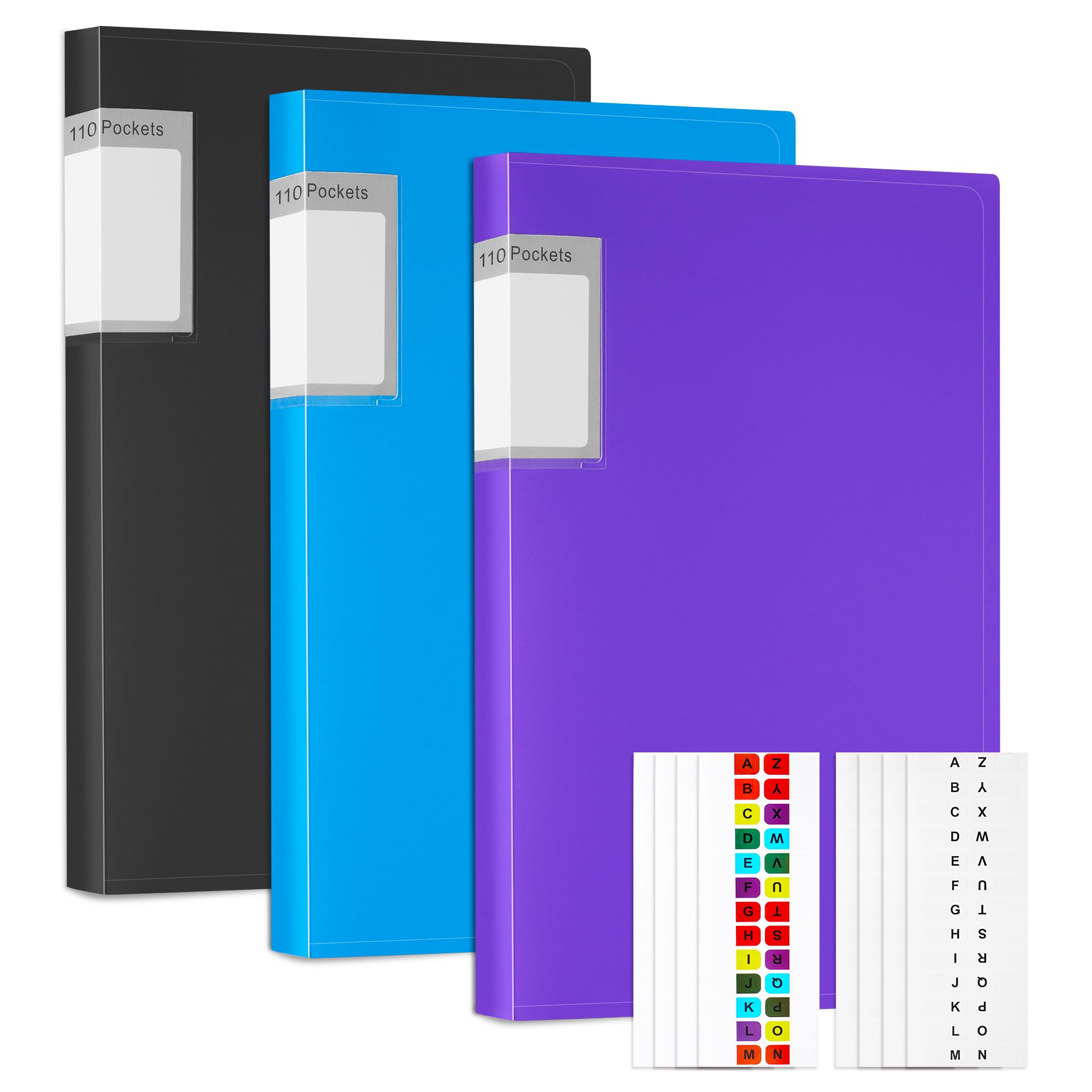 A4 Display Folders, 3 Pack 110 Pockets Display Book with 8 Alphabet Label, Presentation Document Project Folder with Plastic Sleeves for Business Personal School Offices (3Pack×110pocket)