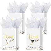 Tinlade 30 Pcs Thank You Gift Bags with Tissue Paper Gold Thank You Wedding Bags with Handle for Graduation Business Shopping Wedding Shower Party Favors(White)