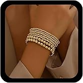 Allereyae Vintage Gold Strand Stretch Bead Bracelet Layered Beaded Bracelets Elastic Round Ball Bracelet Minimalist Gold Beaded Bracelets Beads Hand Chain 7PCS Jewelry for Women