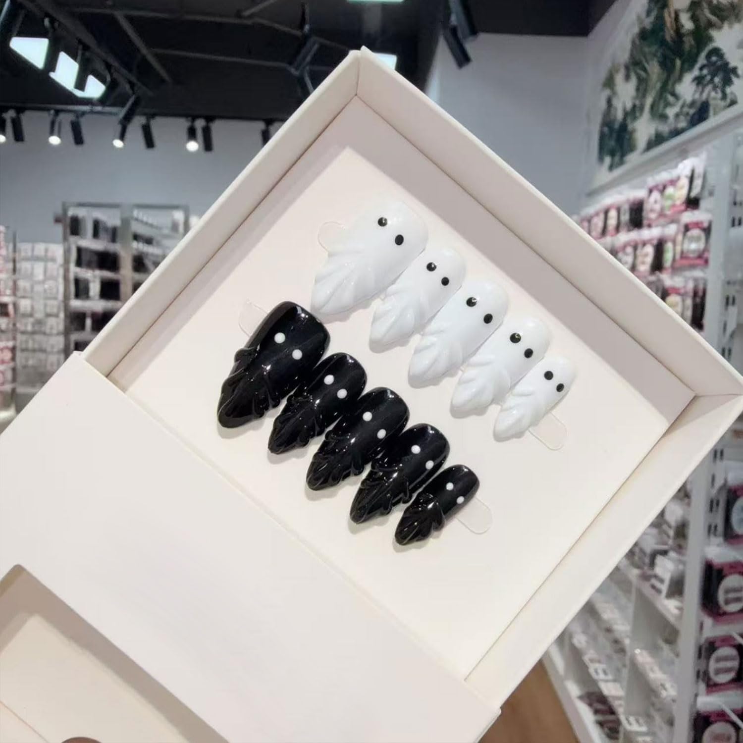 Photo 1 of 10 Pcs Handmade Almond Press on Nails Medium Black White False Nails Full Cover Acrylic Shell Shaped Tip Fake Nails with Glue Reusable Artificial Cute Ghost Stick on Nail for Women?Size S?