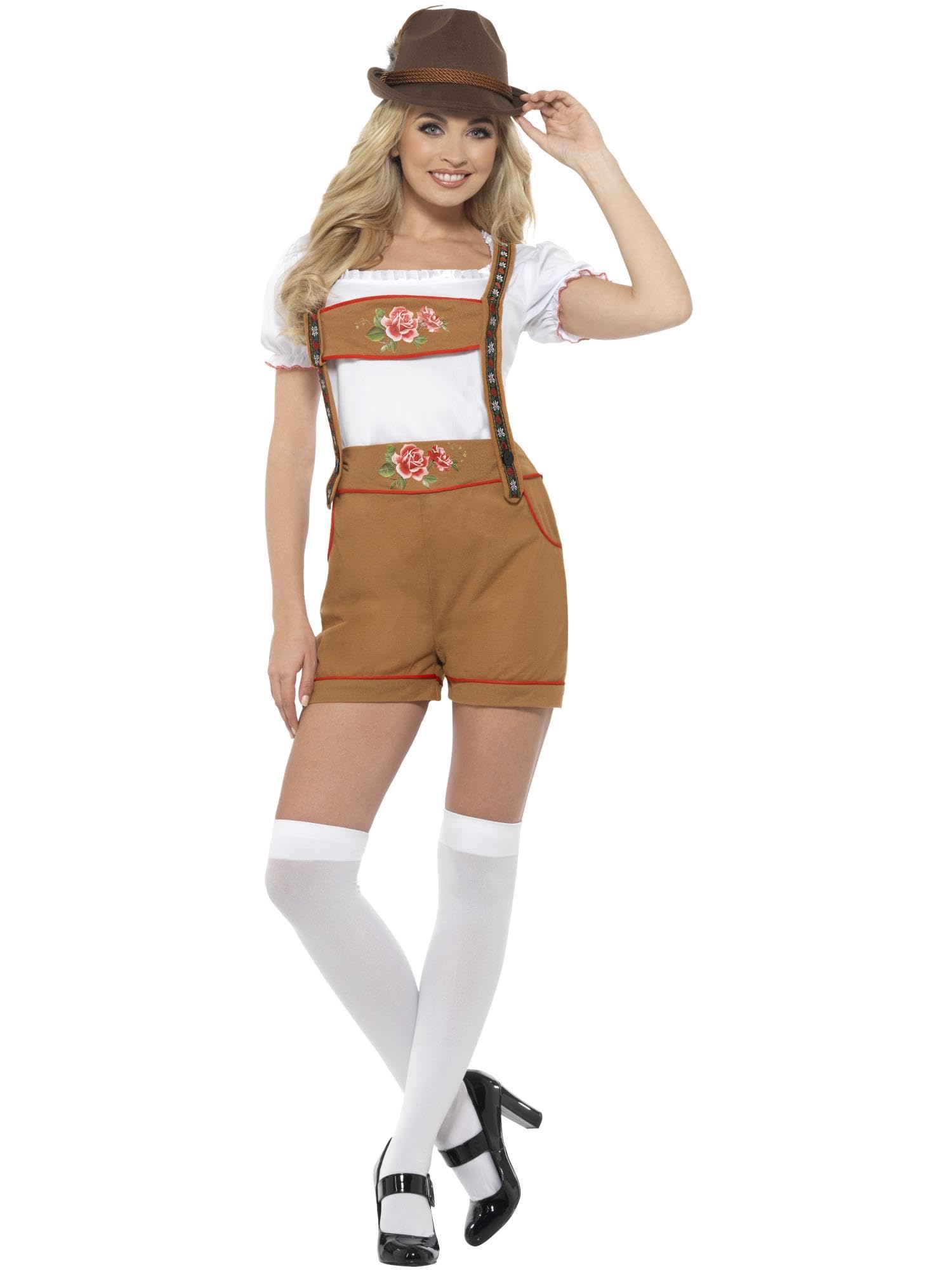 Smiffys Sexy Bavarian Beer Girl Costume, Brown with Top & Lederhosen, Oktoberfest Fancy Dress, Adult Dress Up Costumes