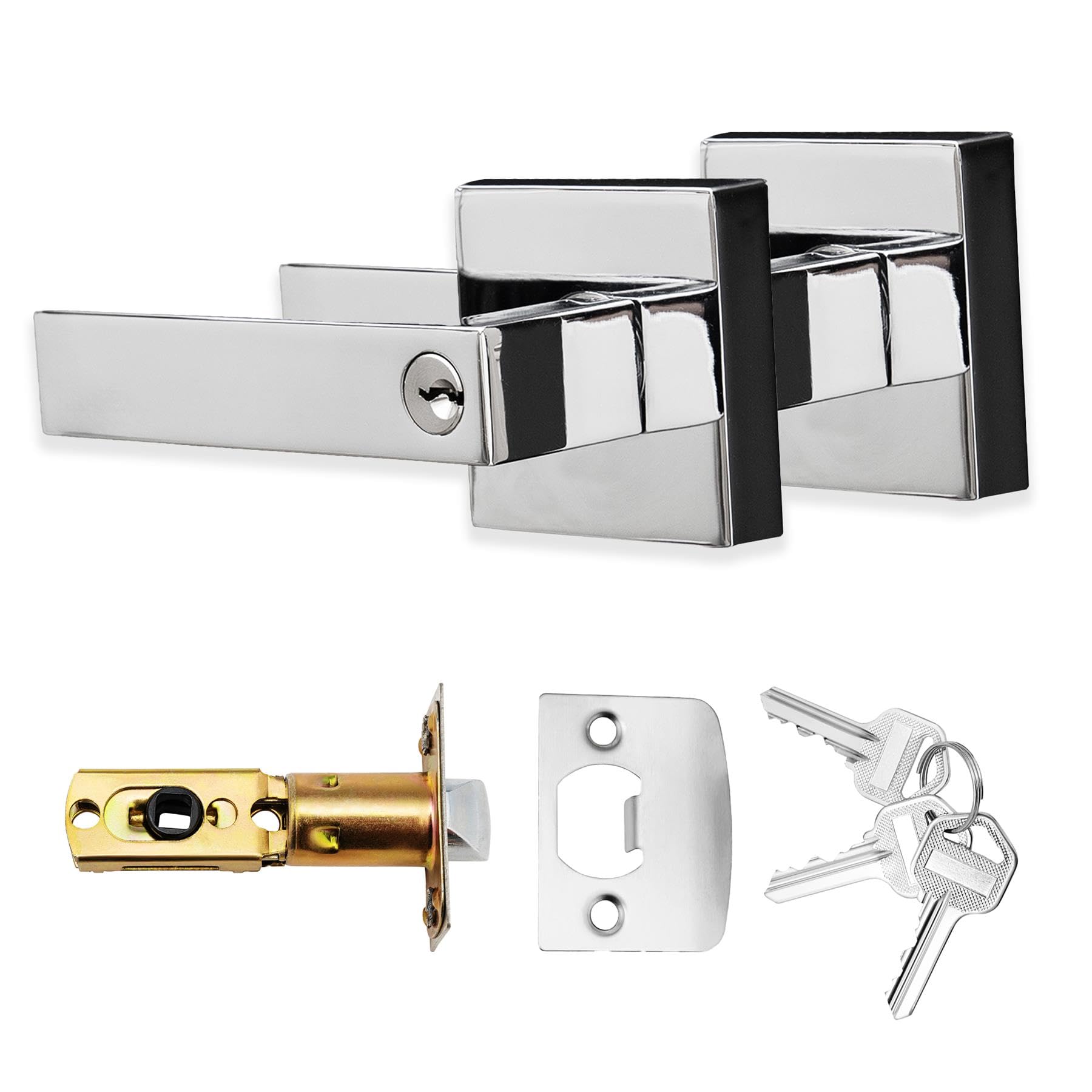 XFORT Quad Entrance Knob Set Polished Chrome, Door Knob with Lock for Internal Wooden Doors, Complete Set with Tubular Latch and 3 Keys