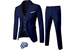 YND Men's Slim Fit 3 Piece Suit, One Button Solid Jacket Vest Pants Set with Tie