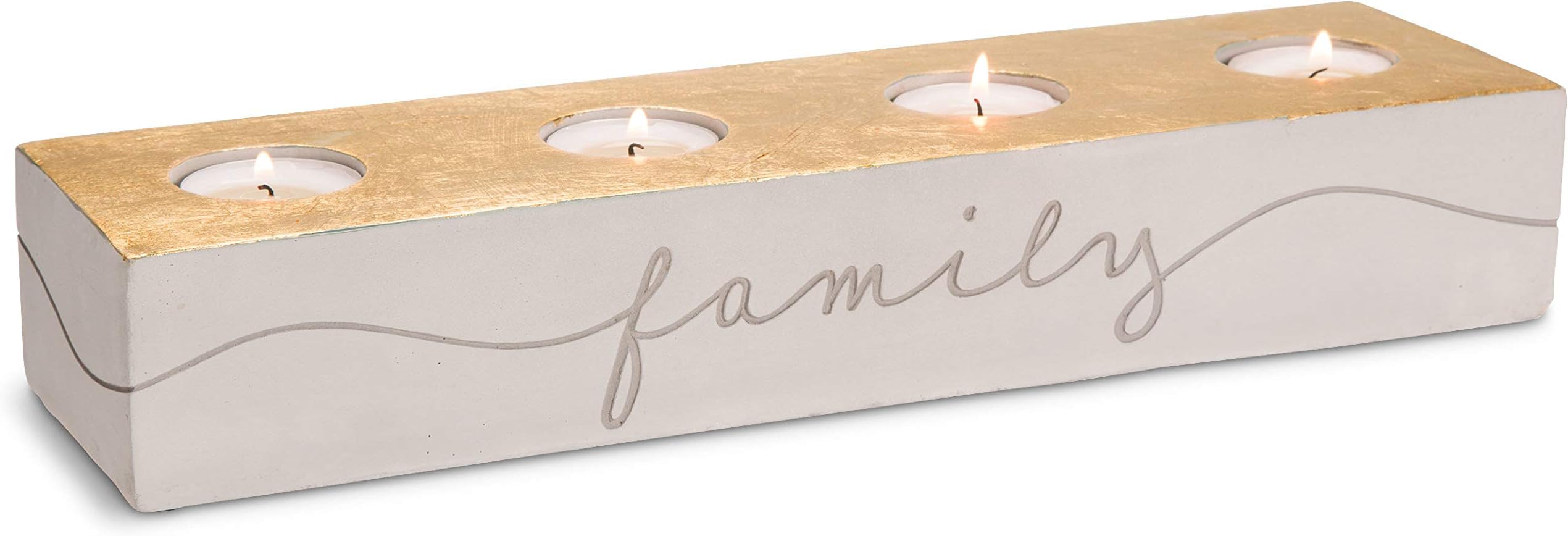 Pavilion Gift- "Family""Welcome" Cement Gold Candle Holder 13.75x3.75