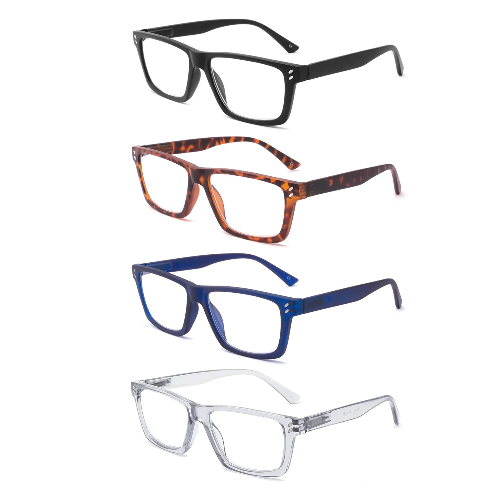 BOSAIL 4 Pack Reading Glasses Blue Light Blocking Large Square Frames with Spring Hinges, Anti Glare UV Eyestrain,Computer Readers for Men Women 1.5