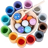 WOODENFUN Rainbow Balls in Cups Kids Montessori Toys for 3 Year Old Up | Kids Preschool Wooden Matching Games for Learning Color Sorting and Counting, 12 Balls 35mm