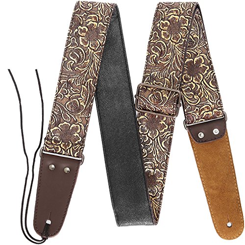 Guitar Strap, Stamped Leather Guitar Strap PU Leather Western Vintage 60's Retro Guitar Strap with Genuine Leather Ends for Electric Bass Guitar,Wide Adjustment Range, with Tie,Include 2 Picks,Bronze