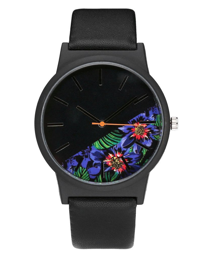JSDDE Montre à Quartz Femme Fille Basel style Montre-bracelet moitié pivoine feuilles fleurs Noir Cadran Bracelet PU cuir -Brun