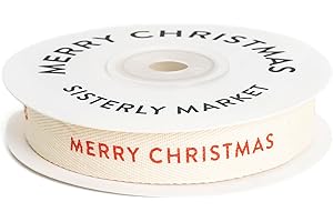 Sisterly Market - Custom Herringbone Cotton Ribbon, Natural 5/8 Inch Gift Ribbon with Merry Christmas Printed Phrase, 10 Yards