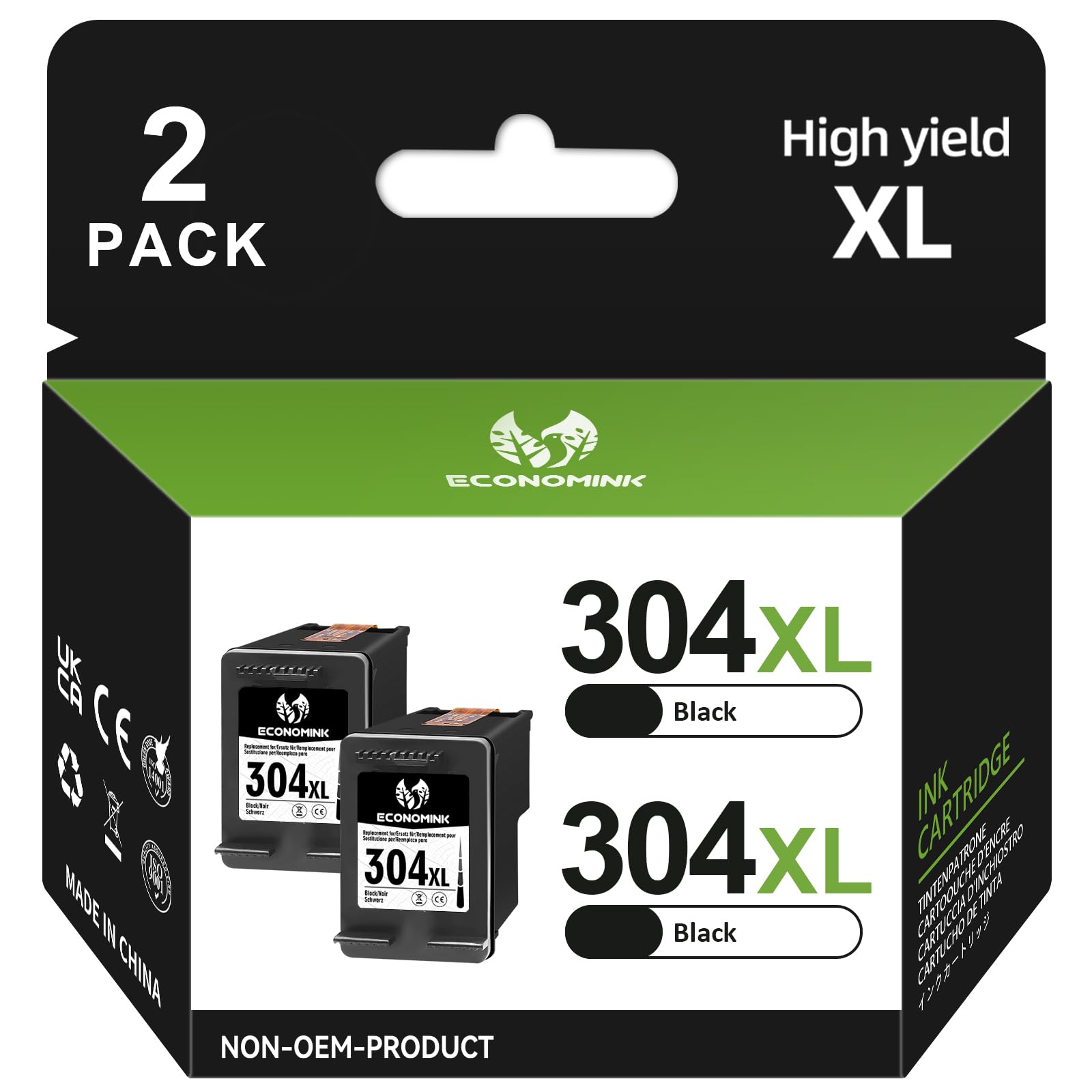 304 Ink Cartridge Remanufactured for HP 304 Black Ink Cartridge, 304XL Black for Envy 5020 5010 5030 5032 5000, DeskJet 3720 2600 2633 2632, 3733 2634 3760, 3750 3735 3762, 2630 2620 2622 (2-Pack)